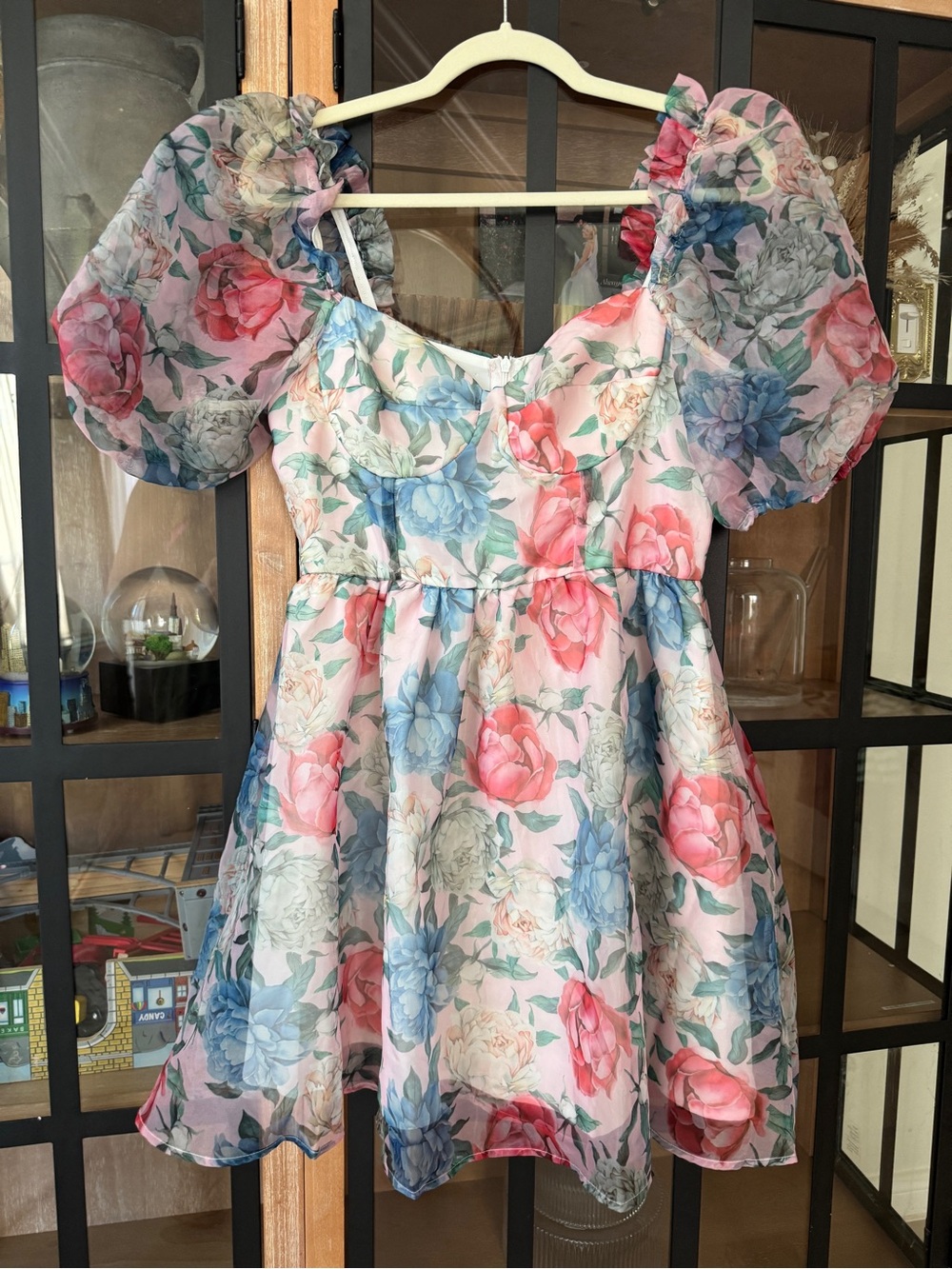 Babydoll mini dress Organza puff short sleeve selkie floral print sweetheart - Picture 2 of 8